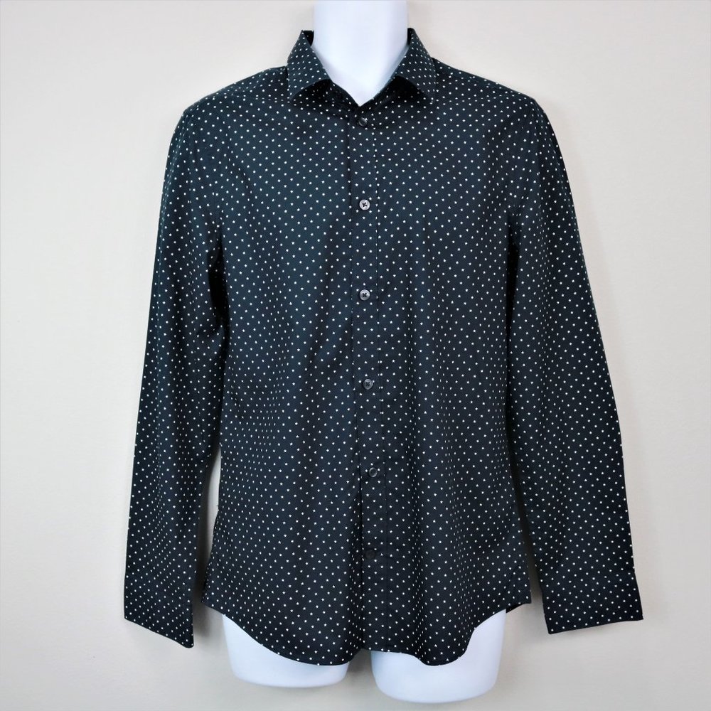 H&M Slim Fit White Stars Navy Button Up Long Sleeve Shirt Men’s Size M